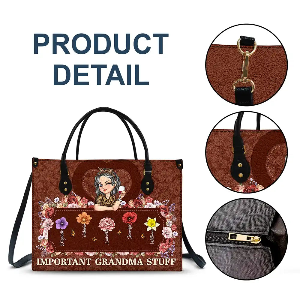Gift For Grandma, Gift For Mother - Important Nana Mom Stuff - Personalized Leather Bag
