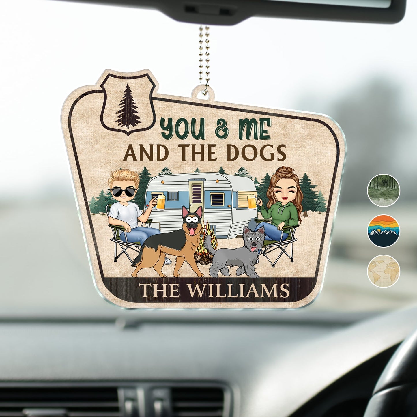 Personalized Camping Couple & Dog Lovers Car Hanger: 'You & Me And The Dogs'