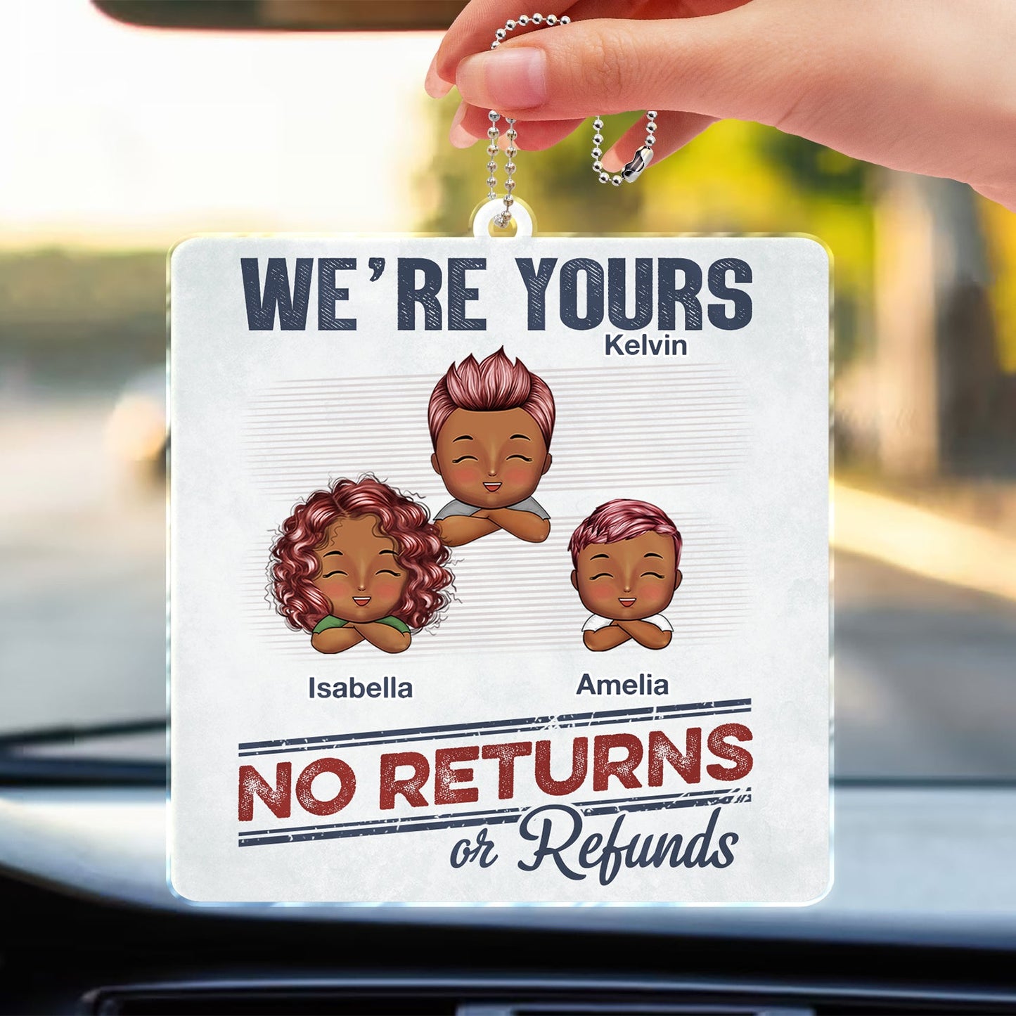 Personalized Funny Kids Car Hanger - 'No Returns Or Refunds' Gift for Parents & Grandparents