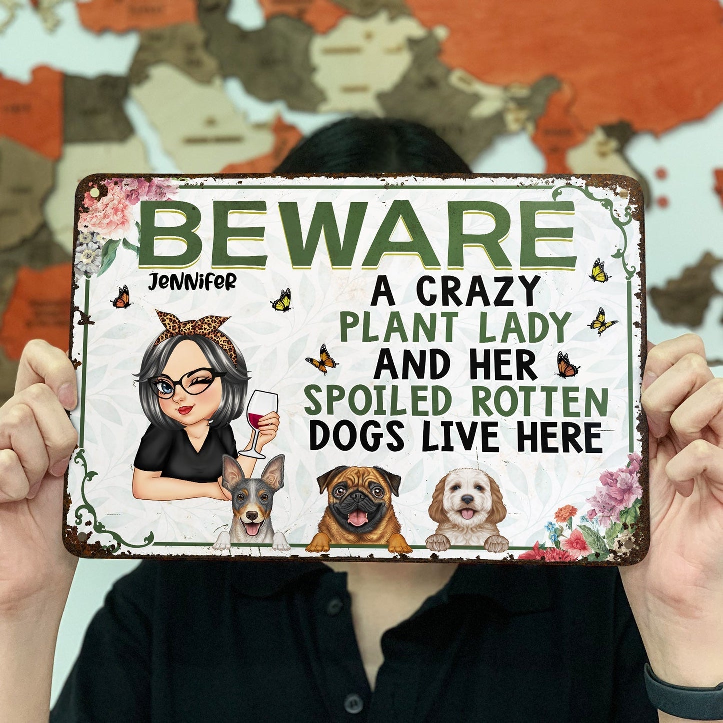 Personalized 'Beware Crazy Plant Lady & Spoiled Dogs' Metal Sign for Home & Garden