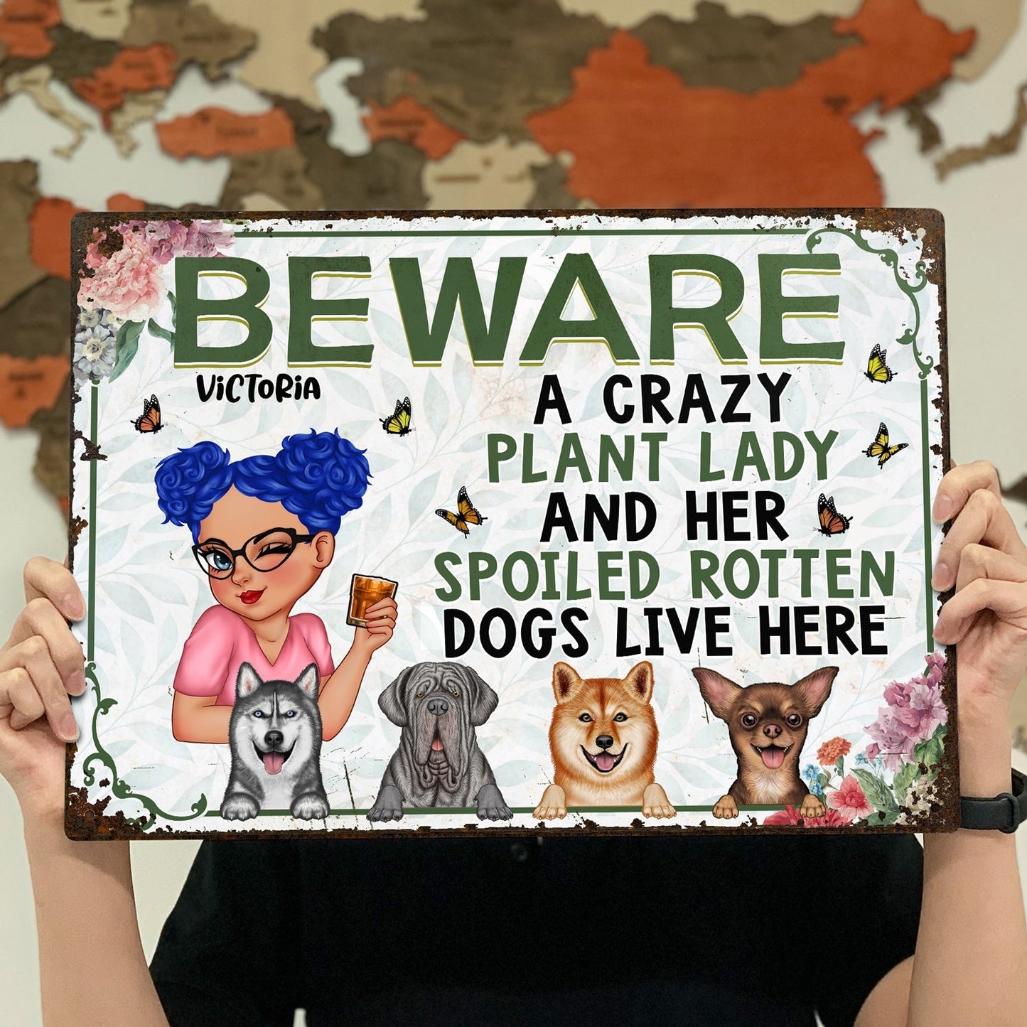 Personalized 'Beware Crazy Plant Lady & Spoiled Dogs' Metal Sign for Home & Garden