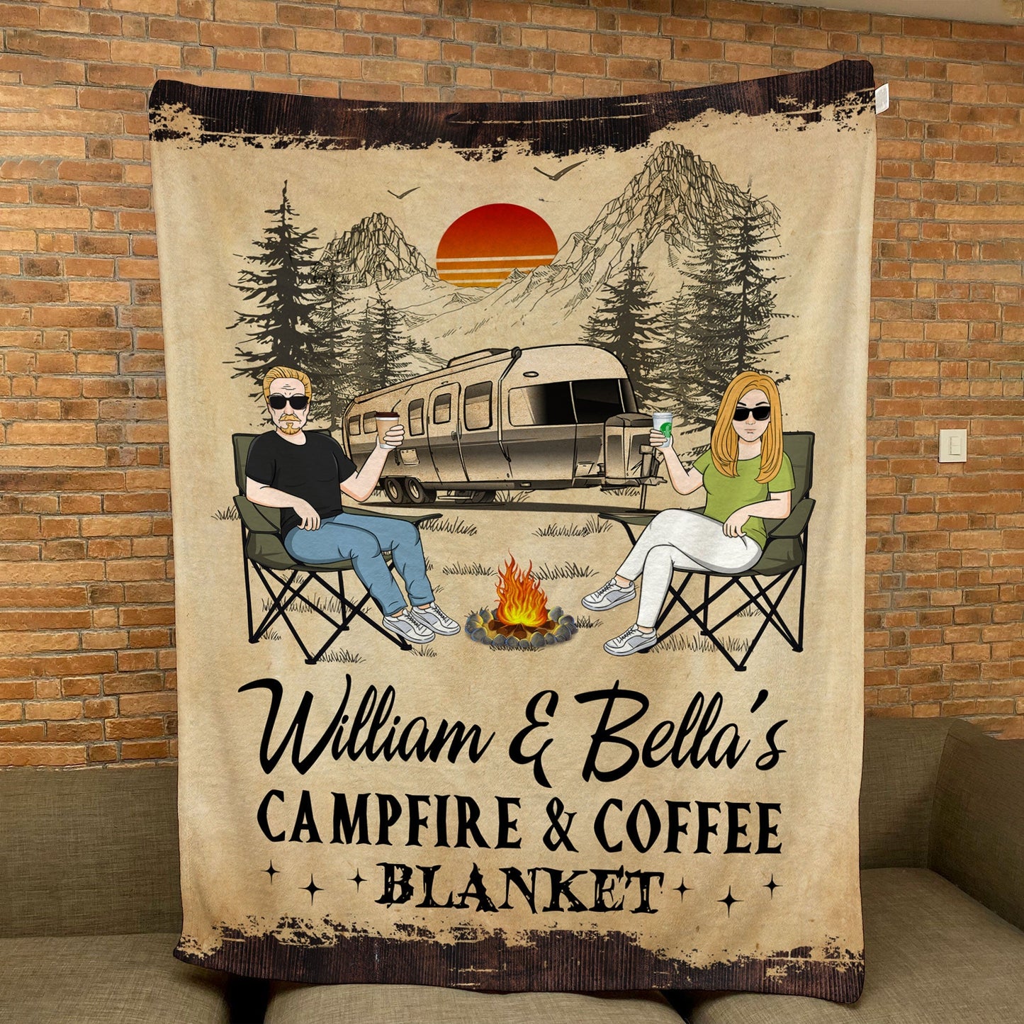 Personalized Campfire & Coffee Blanket - Custom Camping Gift for Couples