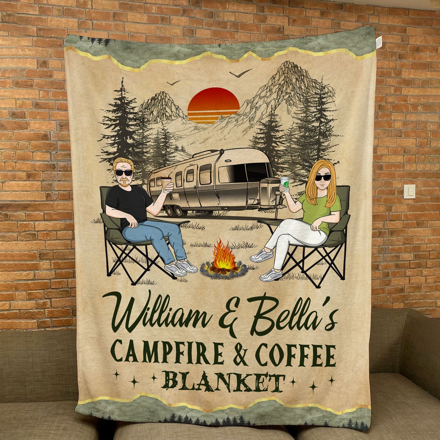 Personalized Campfire & Coffee Blanket - Custom Camping Gift for Couples