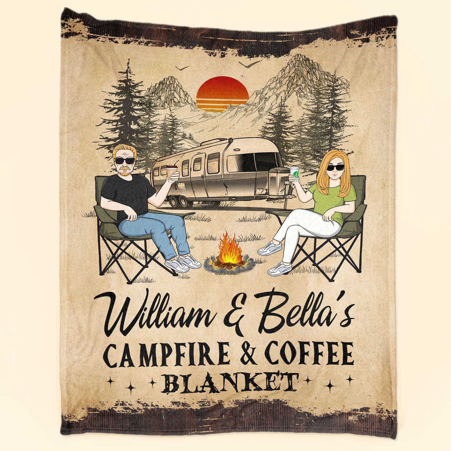 Personalized Campfire & Coffee Blanket - Custom Camping Gift for Couples
