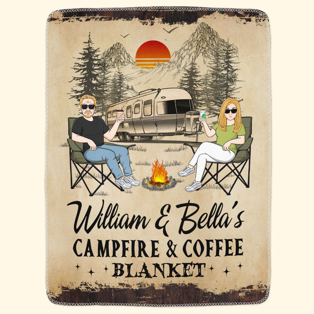 Personalized Campfire & Coffee Blanket - Custom Camping Gift for Couples