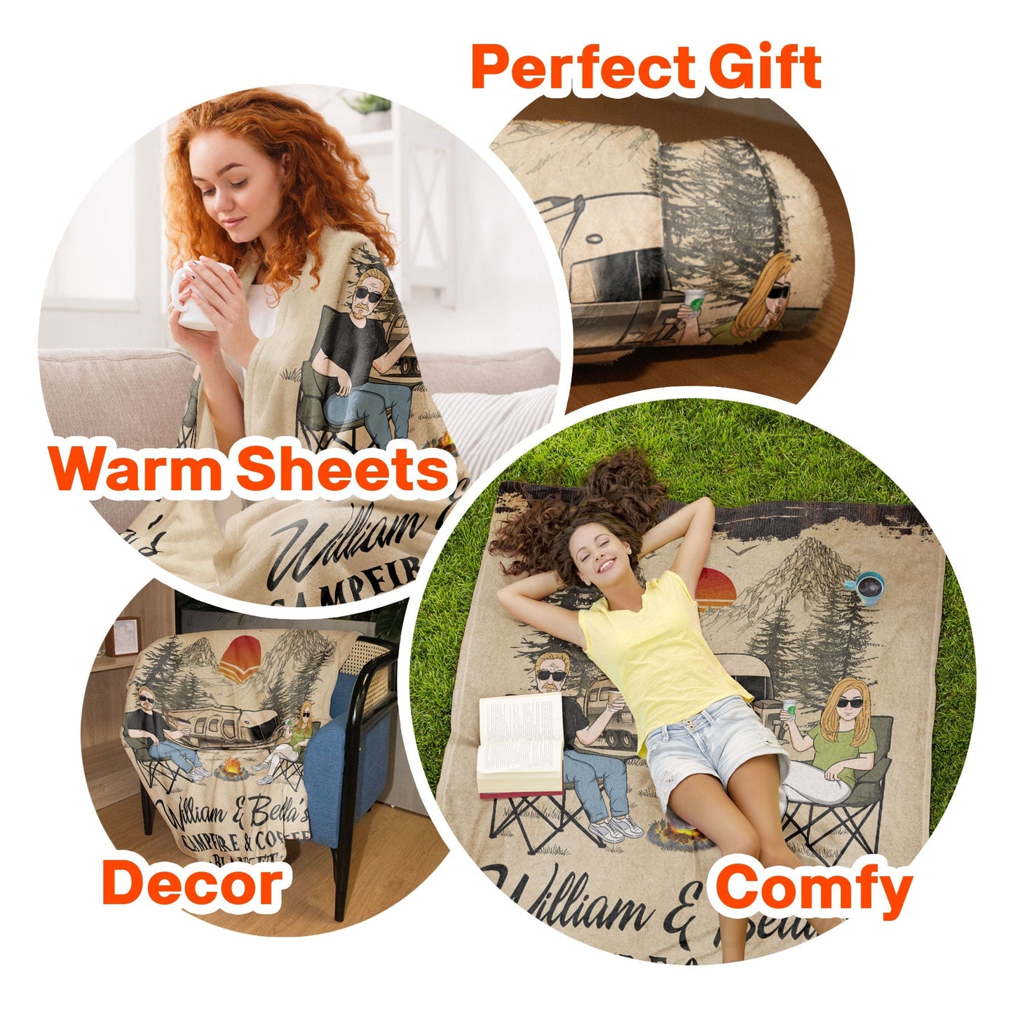 Personalized Campfire & Coffee Blanket - Custom Camping Gift for Couples