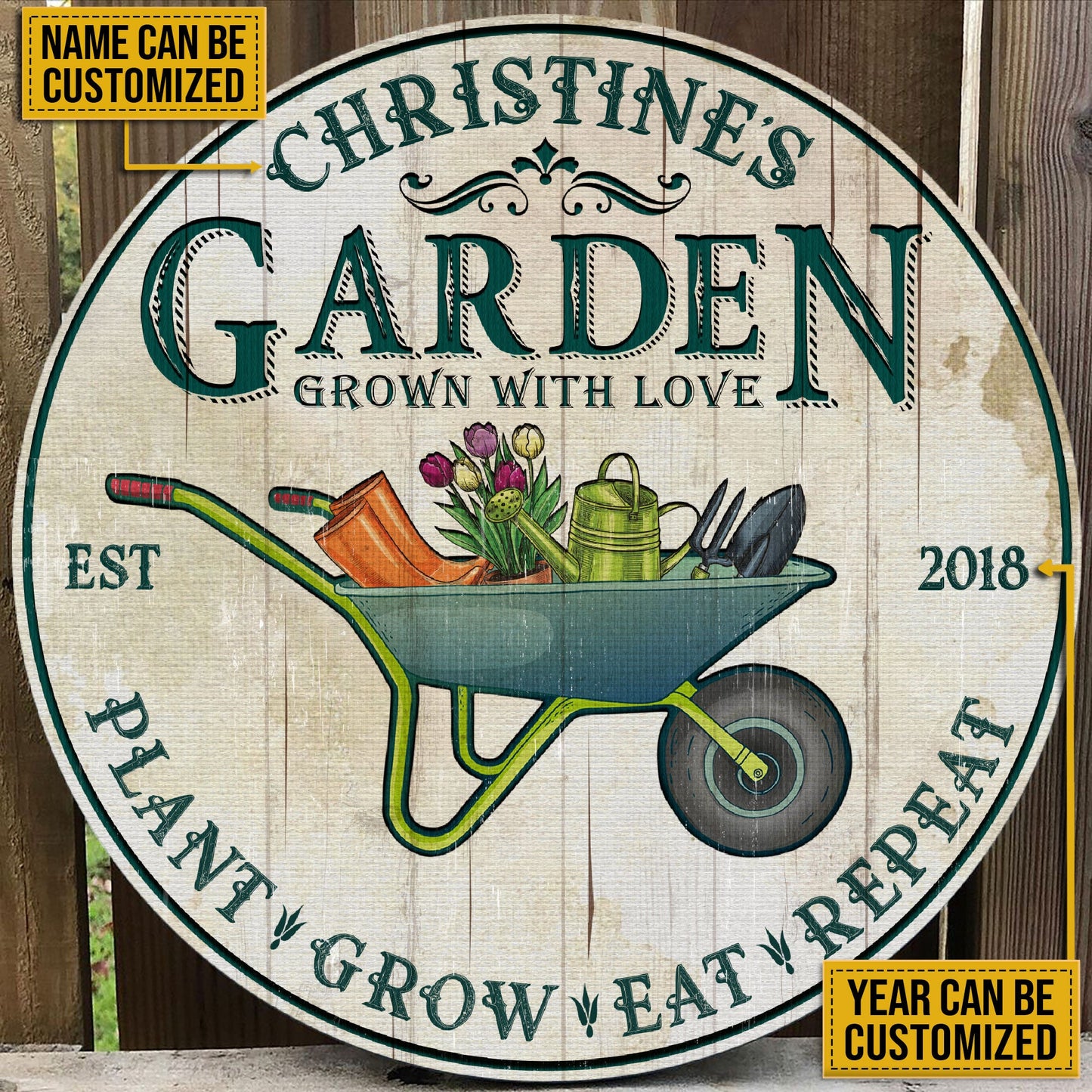 Heartfelt Personalized Garden Sign: Custom Name & Year, Plant Grow Eat Repeat Wood Decor
