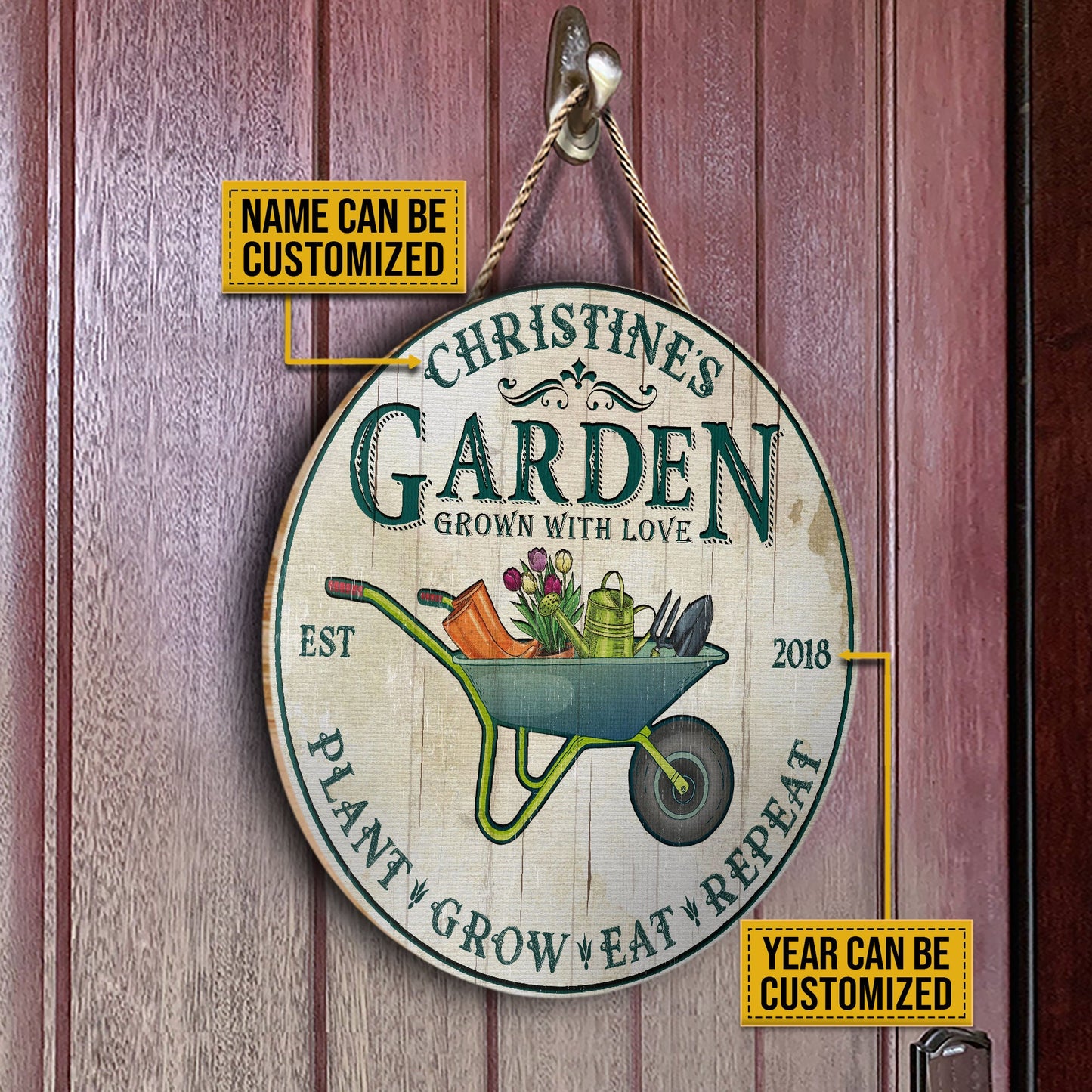 Heartfelt Personalized Garden Sign: Custom Name & Year, Plant Grow Eat Repeat Wood Decor