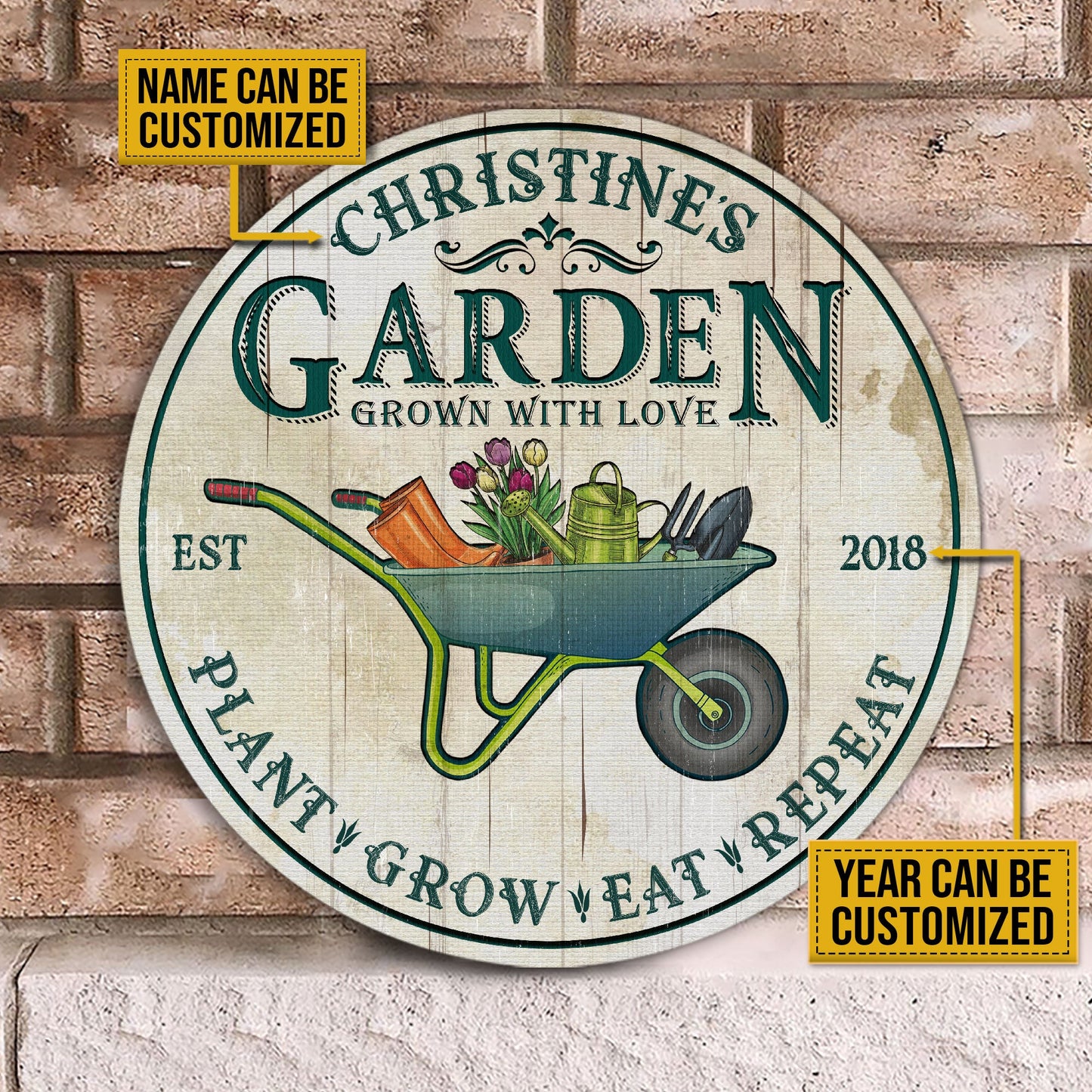 Heartfelt Personalized Garden Sign: Custom Name & Year, Plant Grow Eat Repeat Wood Decor