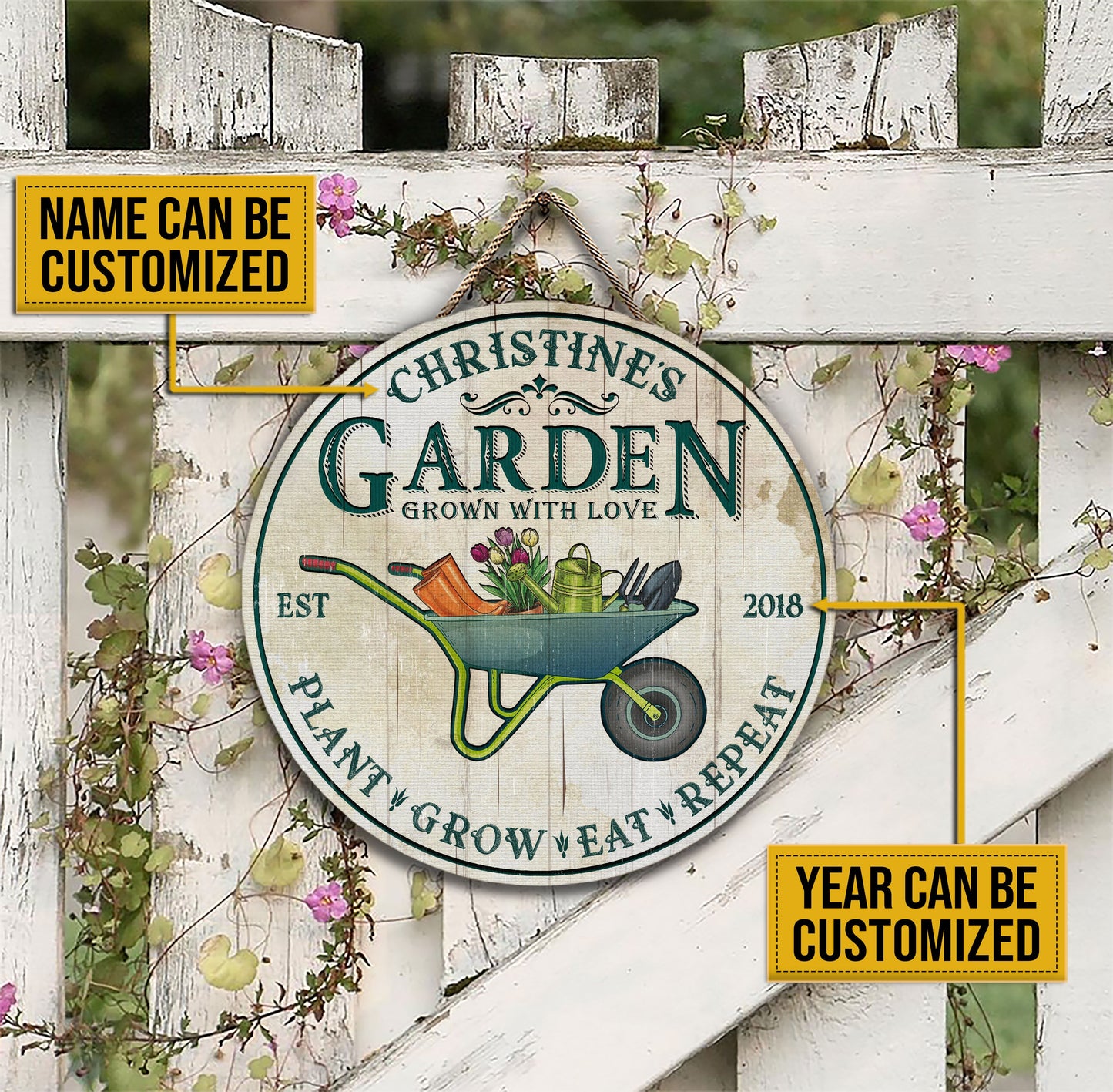 Heartfelt Personalized Garden Sign: Custom Name & Year, Plant Grow Eat Repeat Wood Decor