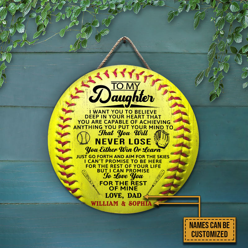 Heartfelt Personalized Softball Wood Sign for Daughter: Never Lose, Win or Learn