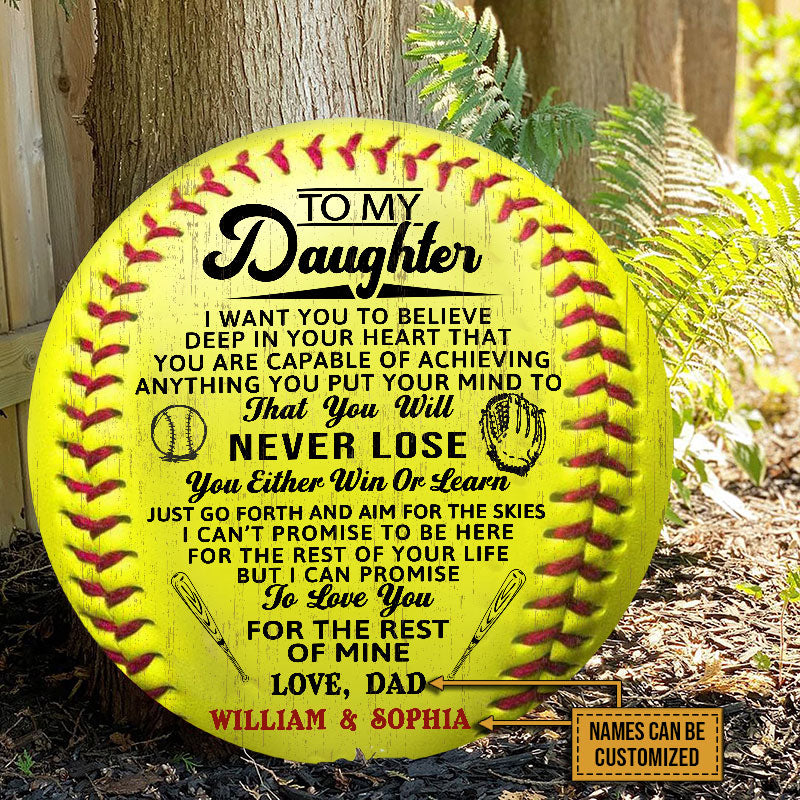 Heartfelt Personalized Softball Wood Sign for Daughter: Never Lose, Win or Learn