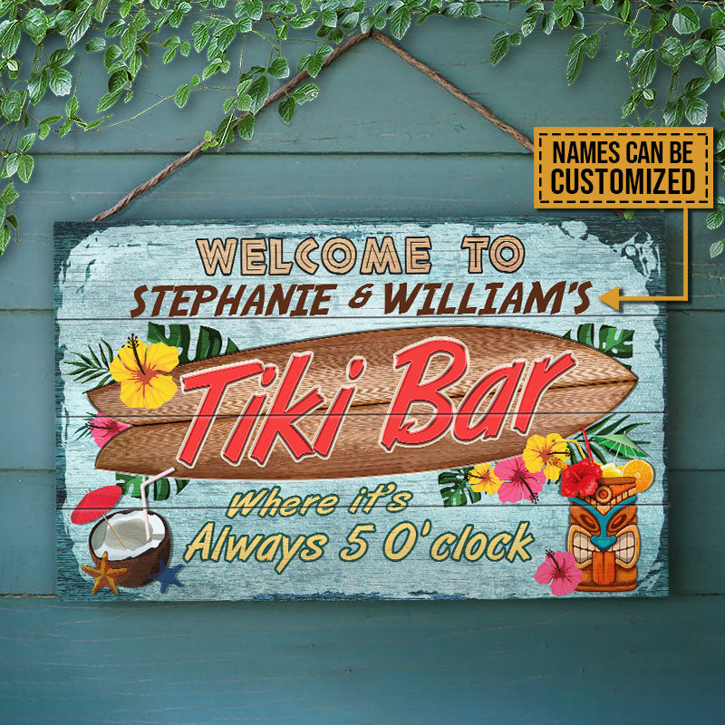 Personalized Tiki Bar Wood Sign: Welcome to Your 'Always 5 O'clock' Oasis