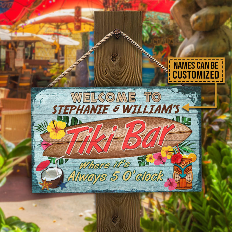 Personalized Tiki Bar Wood Sign: Welcome to Your 'Always 5 O'clock' Oasis