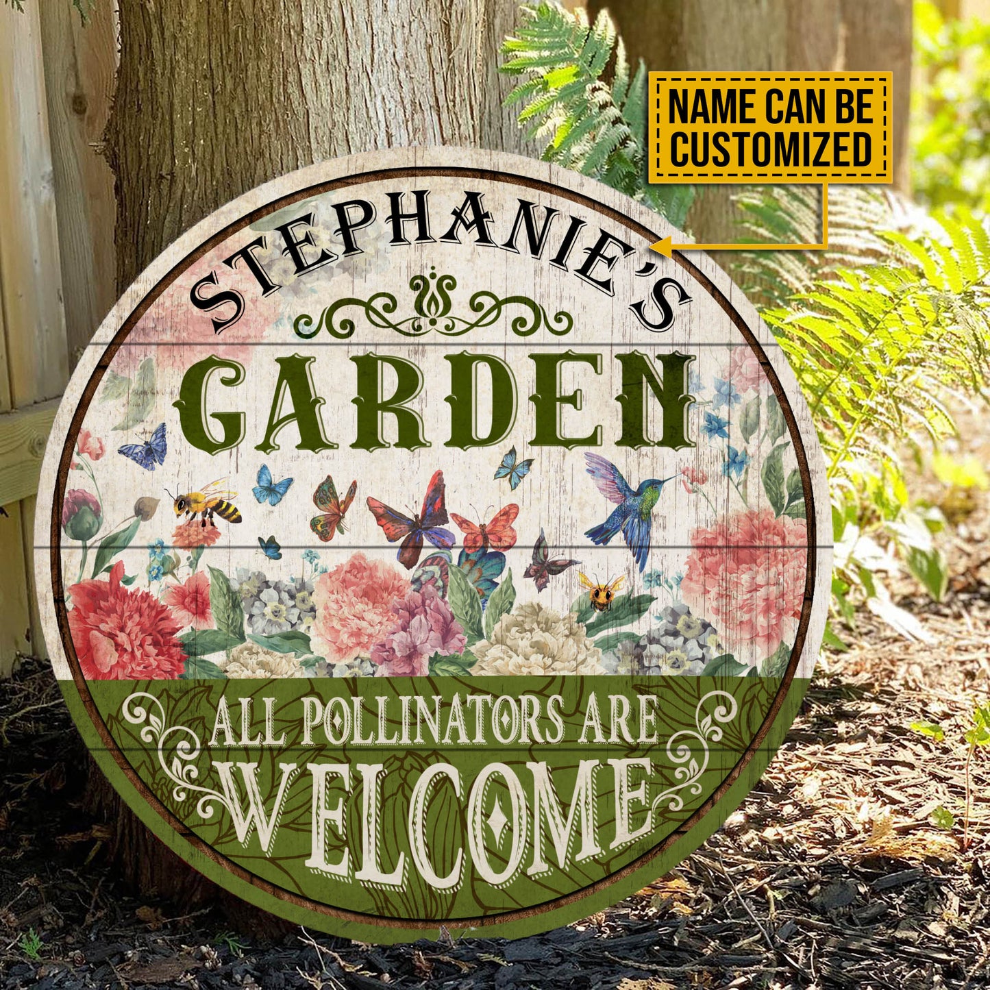 Custom Garden Welcome Sign: All Pollinators Are Welcome Rustic Wood Plaque