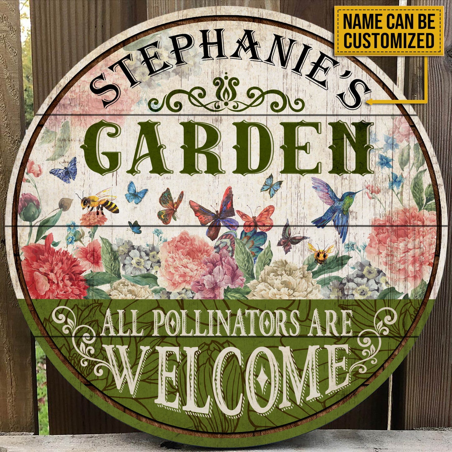 Custom Garden Welcome Sign: All Pollinators Are Welcome Rustic Wood Plaque