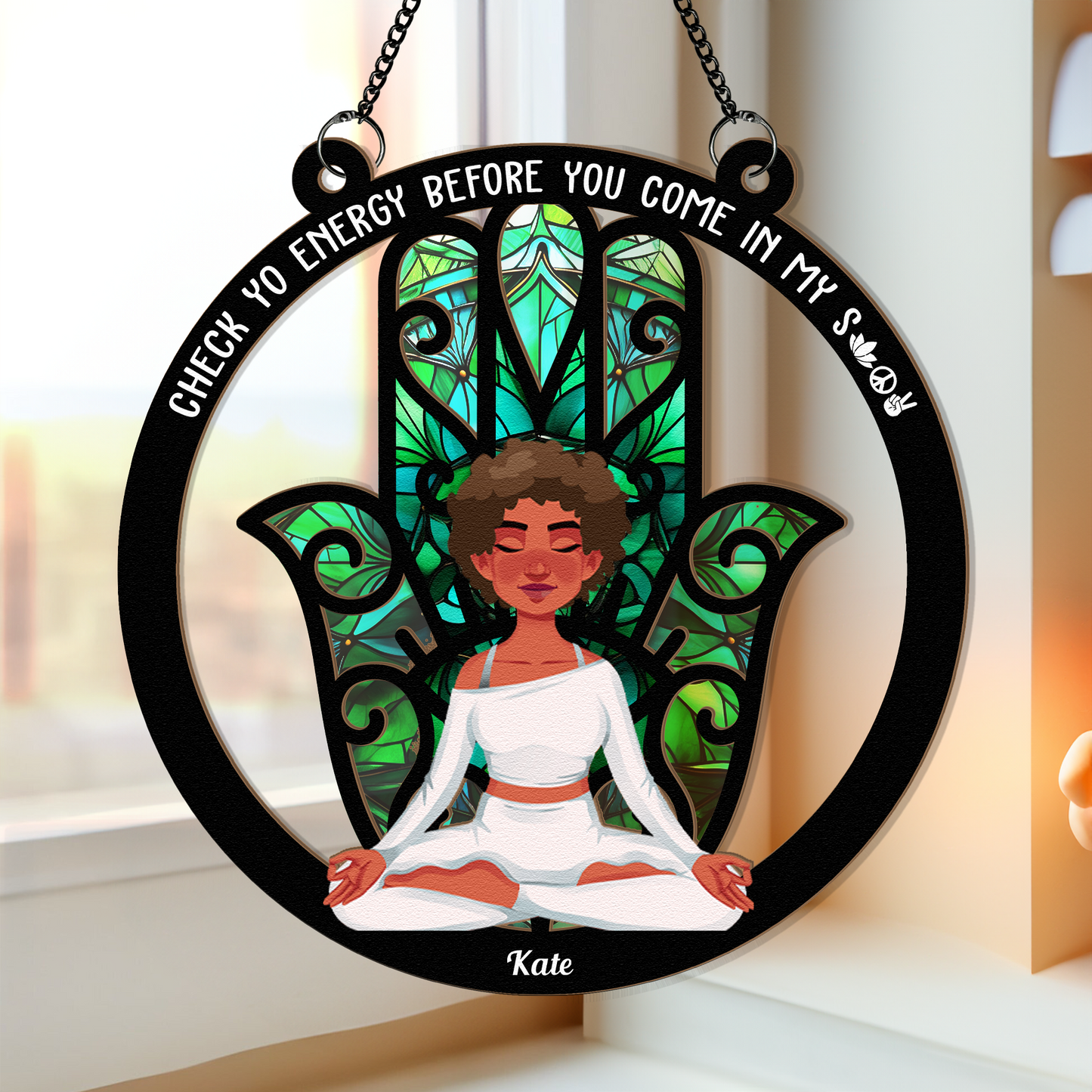Personalized "Mindful Energy" Suncatcher | Hamsa Yoga Home Decor Gift