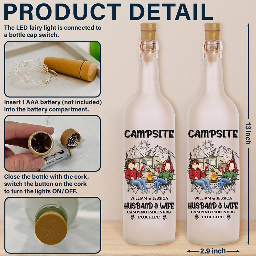 Camping, Campsite, Gift For Couples, Gift For Husband, Gift For Wife, Gift For Boyfriend, Gift For Girlfriend - Husband And Wife Camping Partners For Life - Personalized Bottle Light