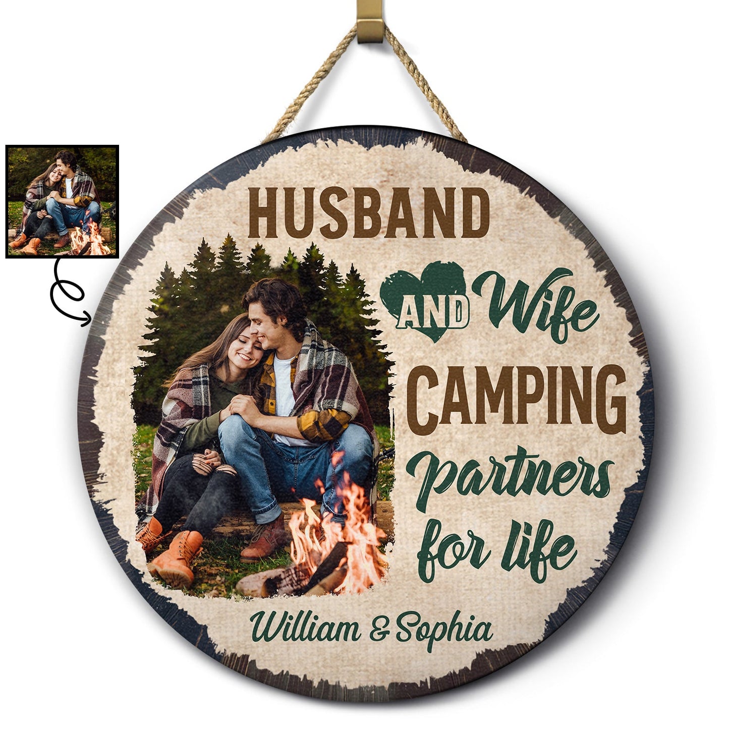 Custom Photo Wood Sign: 'Husband & Wife Camping Partners For Life'