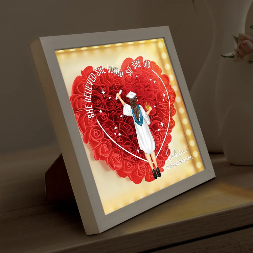 Graduation,Gift For Yourself,Happy - She Believed She Could Graduation Gift - Personalized LED Light Flower Shadow Box