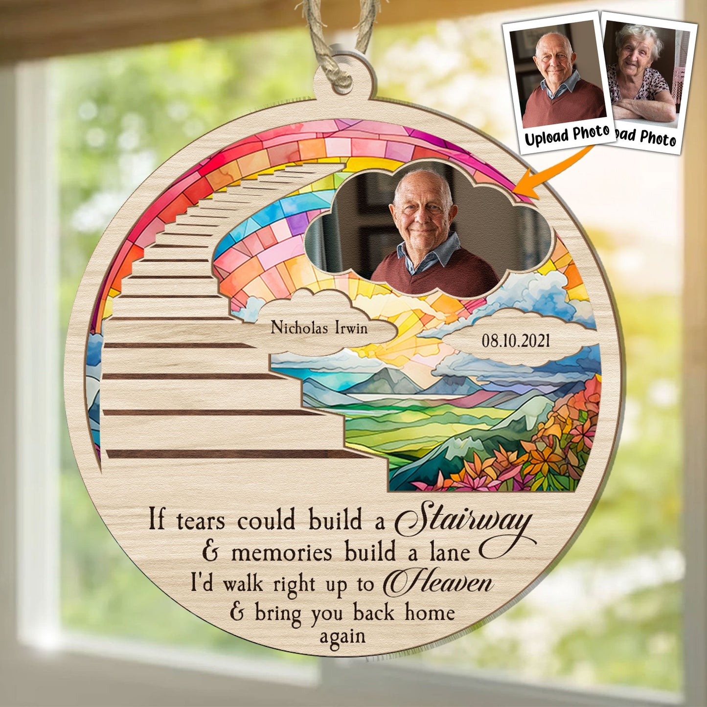 Custom Photo Memorial For Loved One Suncatcher Ornament: Stairway to Heaven Gift