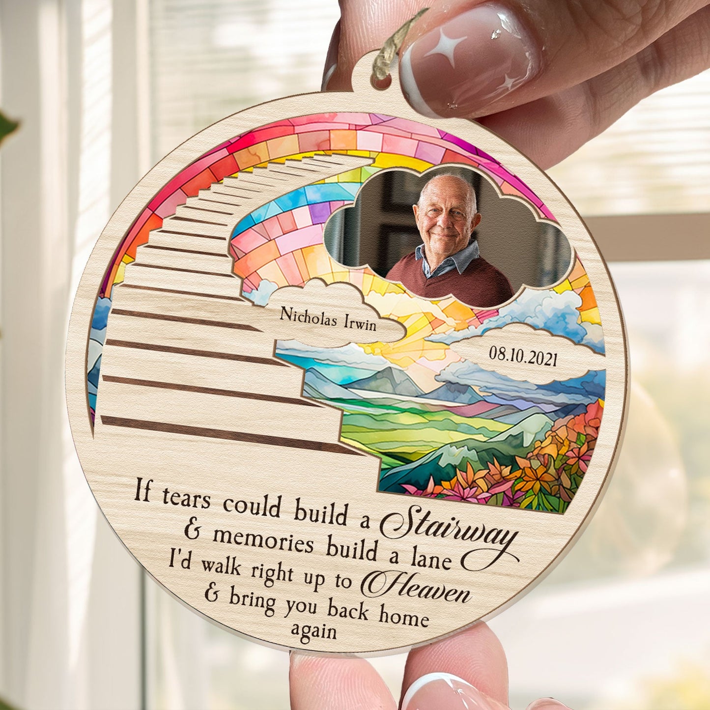 Custom Photo Memorial For Loved One Suncatcher Ornament: Stairway to Heaven Gift