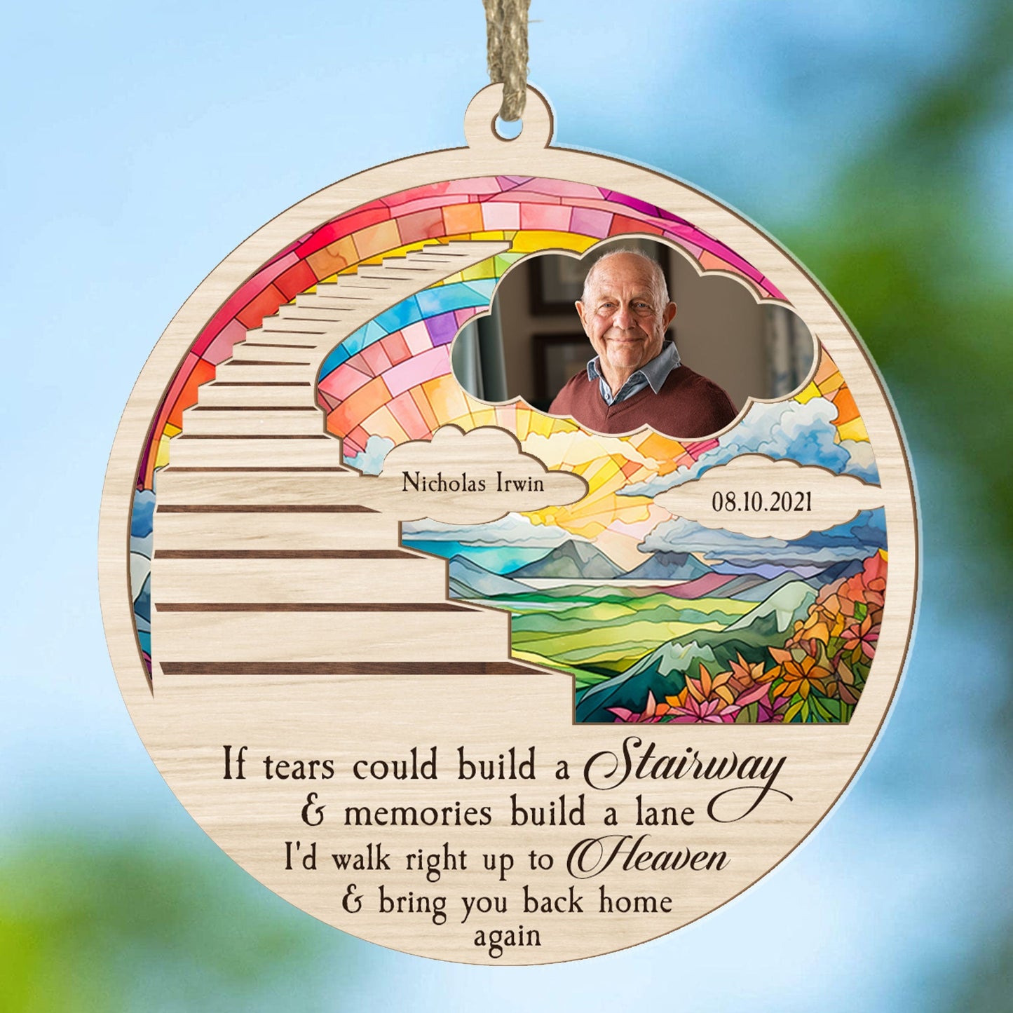 Custom Photo Memorial For Loved One Suncatcher Ornament: Stairway to Heaven Gift