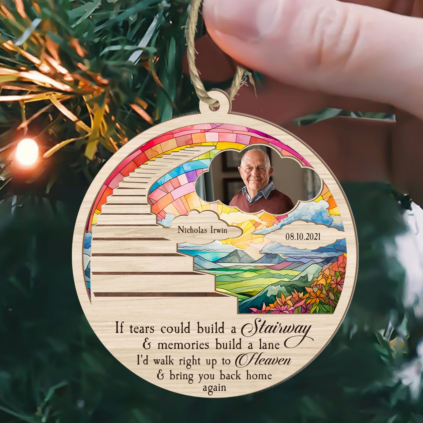 Custom Photo Memorial For Loved One Suncatcher Ornament: Stairway to Heaven Gift