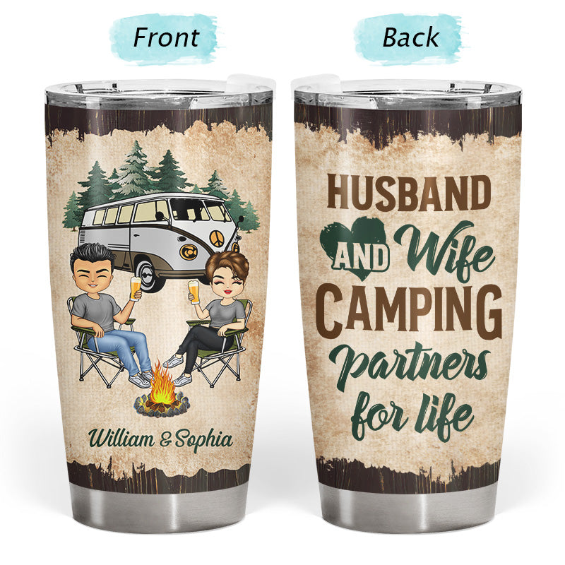 Custom Couple Camping Tumbler: 'Husband & Wife Partners For Life'