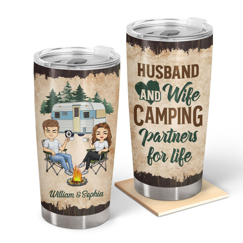Custom Couple Camping Tumbler: 'Husband & Wife Partners For Life'