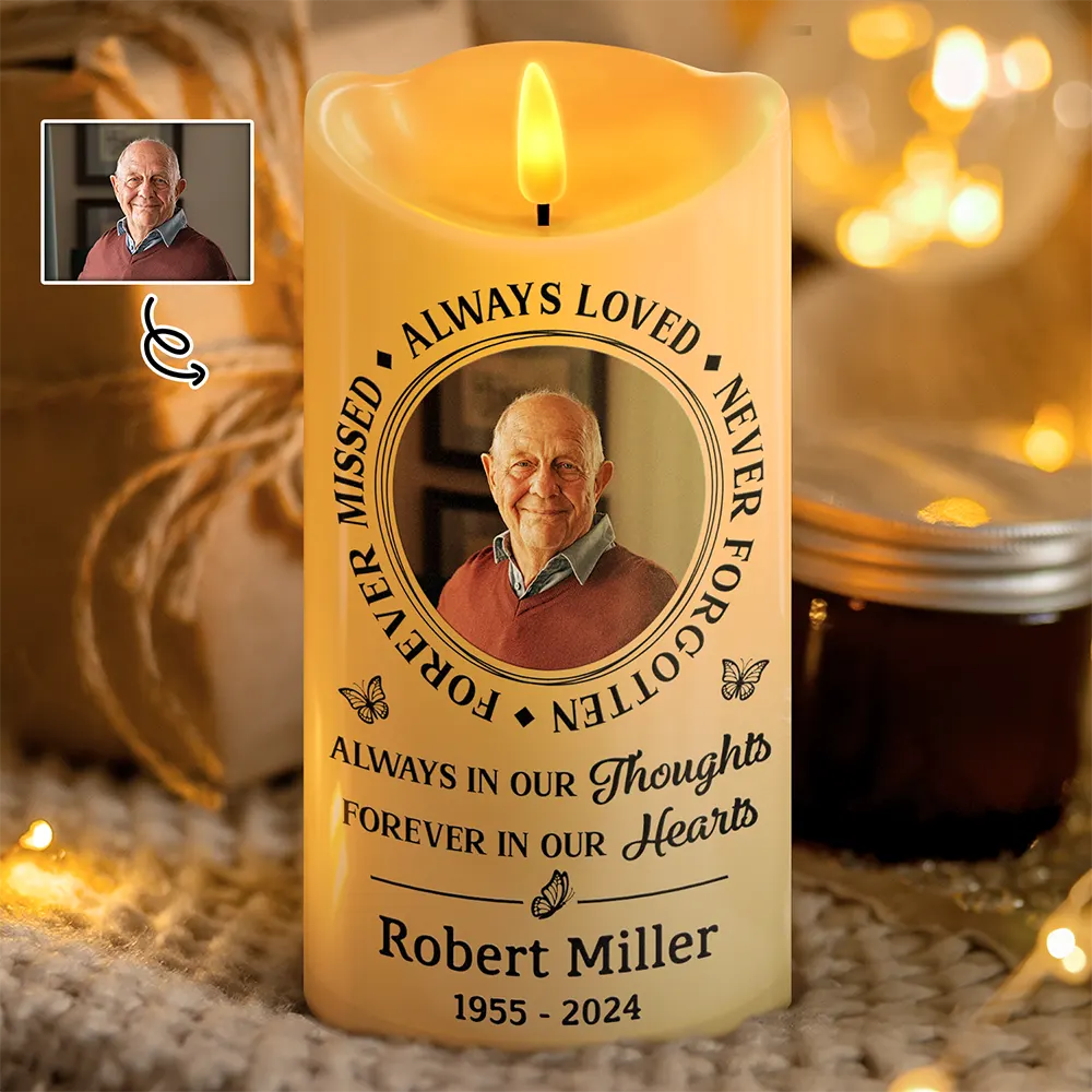 Christmas,Memorial,Custom Photo,Family,Sad - Custom Photo Memorial Always Loved Never Forgotten - Personalized Flameless LED Candle