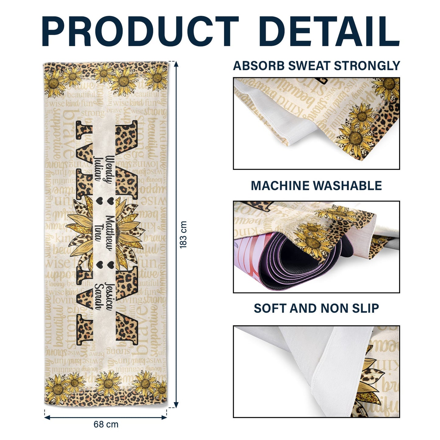 Personalized 'MOM: Strong & Kind' Sunflower Leopard Yoga Towel Beach Towel