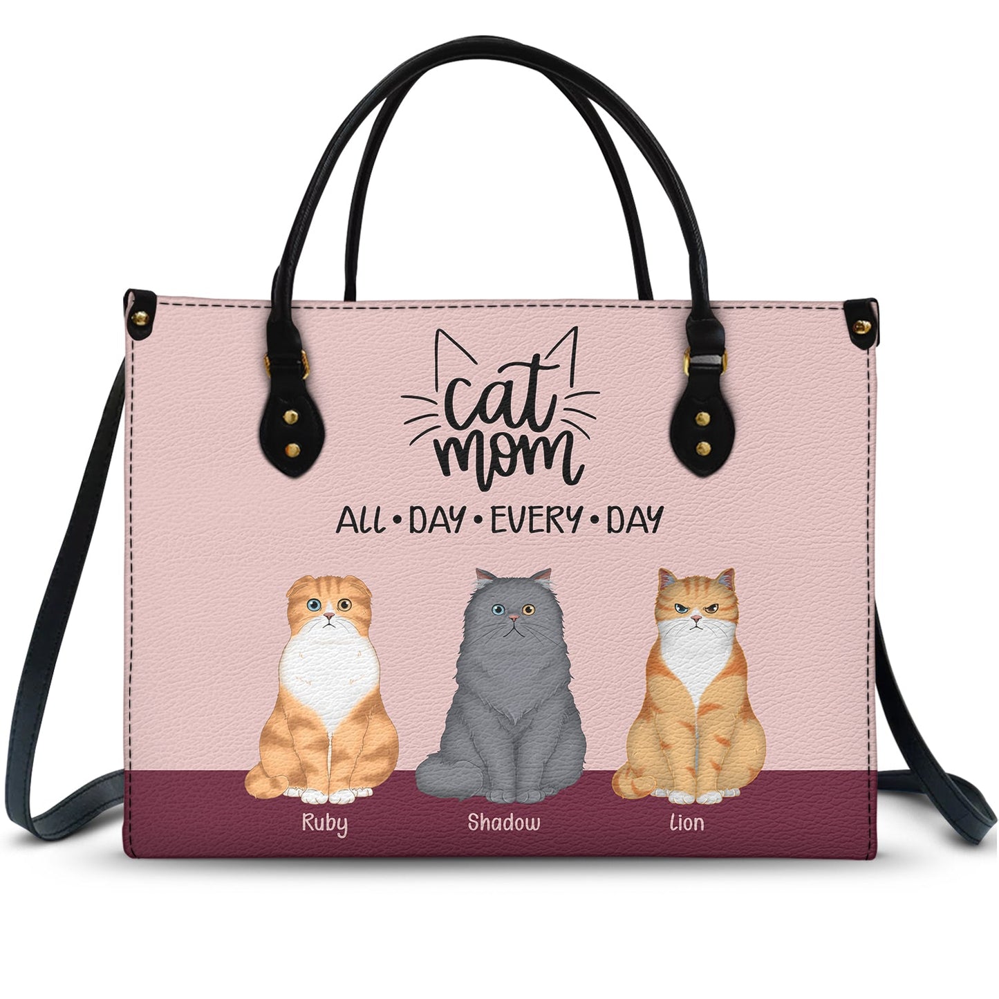 Personalized Cat Mom Leather Bag - Custom Pet Lover Tote "All Day Every Day"