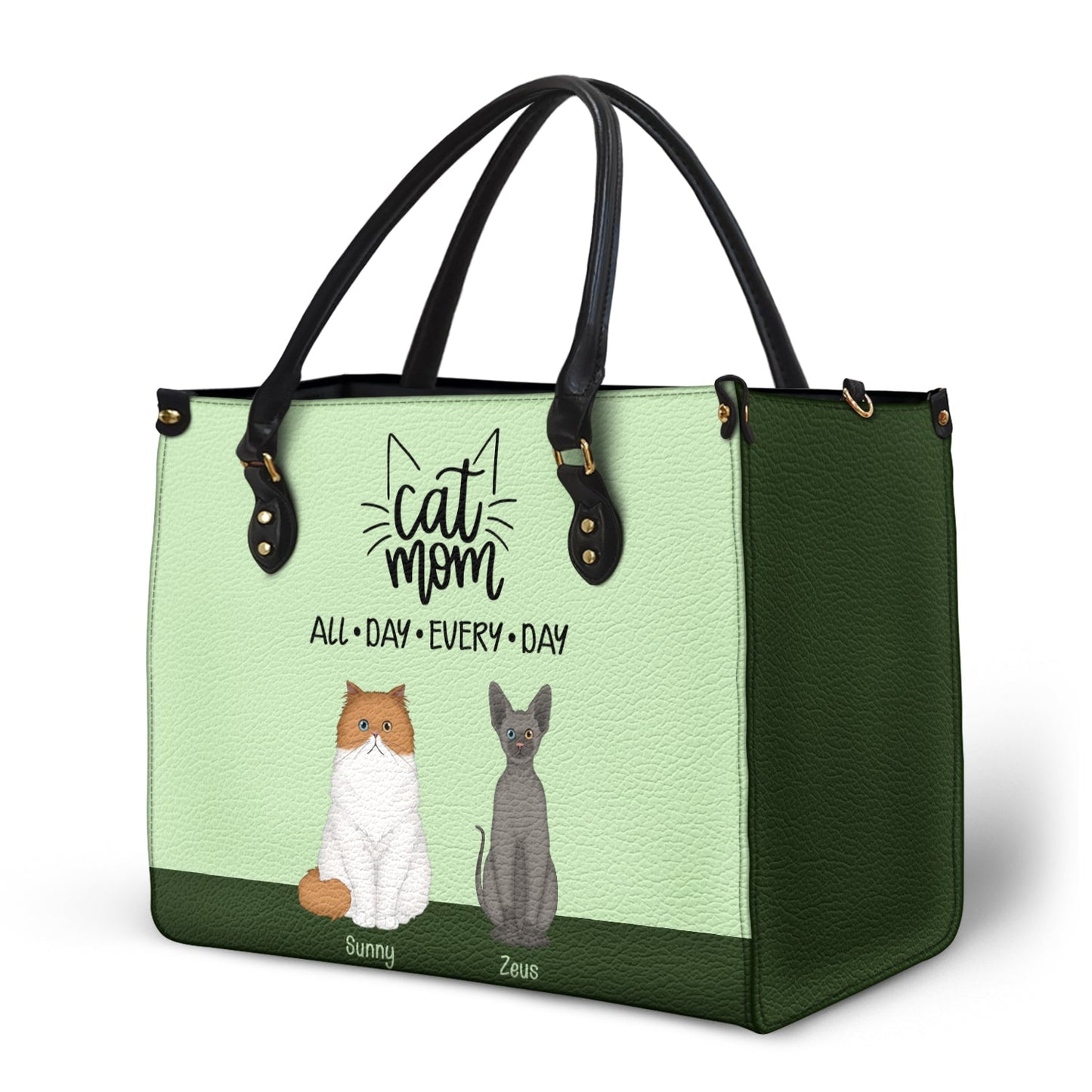 Personalized Cat Mom Leather Bag - Custom Pet Lover Tote "All Day Every Day"