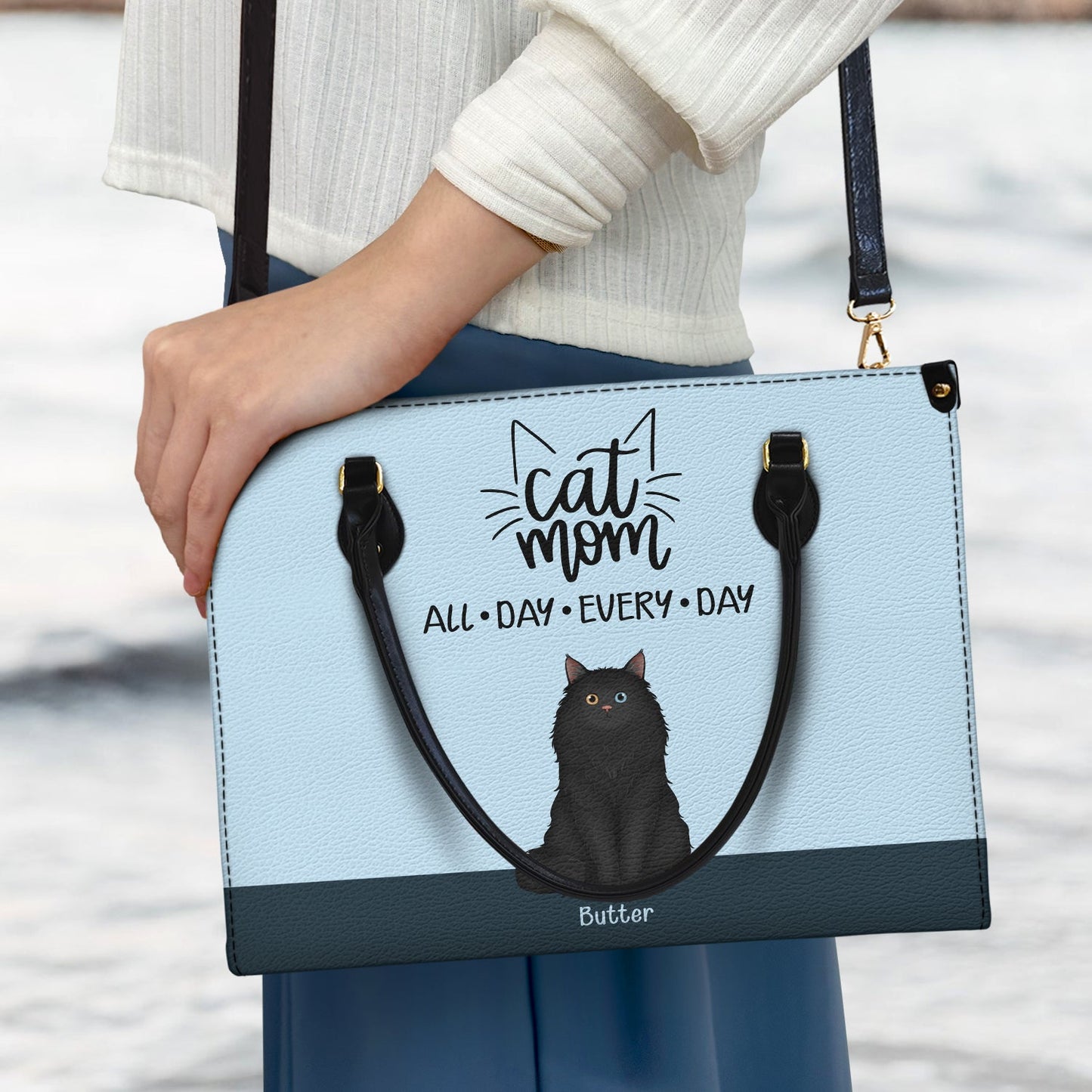 Personalized Cat Mom Leather Bag - Custom Pet Lover Tote "All Day Every Day"