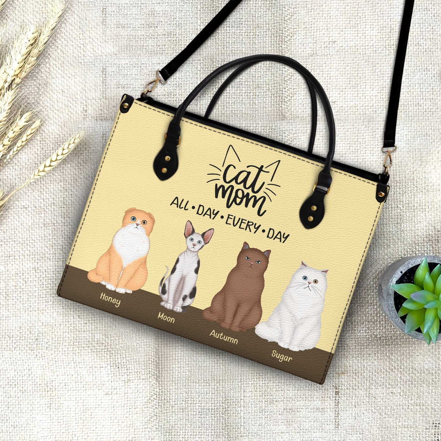 Personalized Cat Mom Leather Bag - Custom Pet Lover Tote "All Day Every Day"