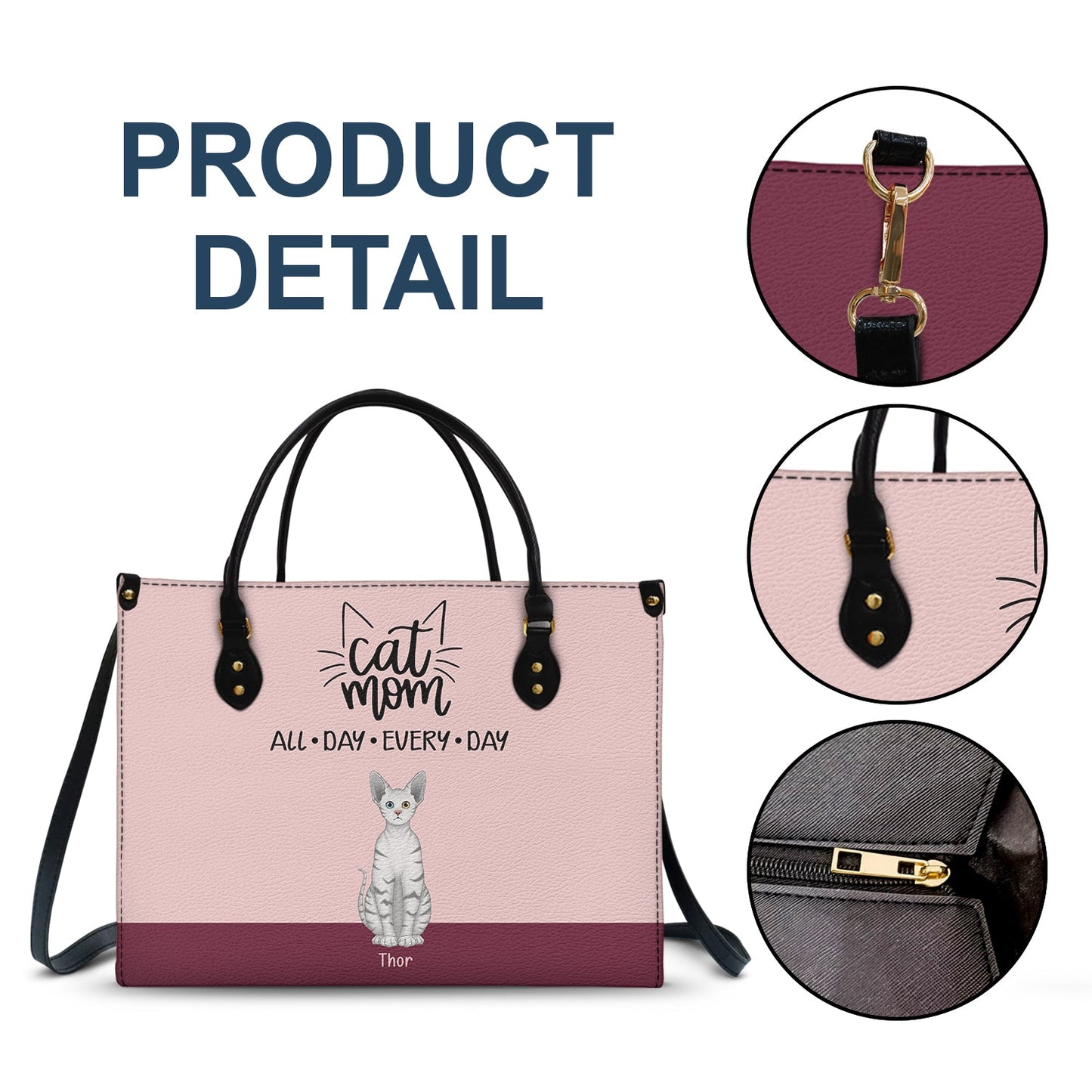 Personalized Cat Mom Leather Bag - Custom Pet Lover Tote "All Day Every Day"