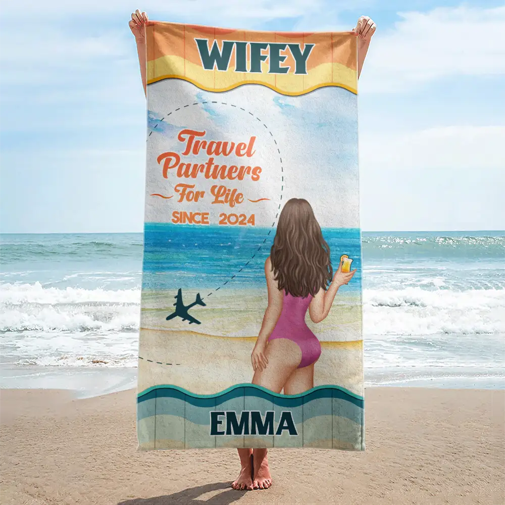Personalized 'Travel Partners For Life' Beach Towel Set for Hubby & Wifey