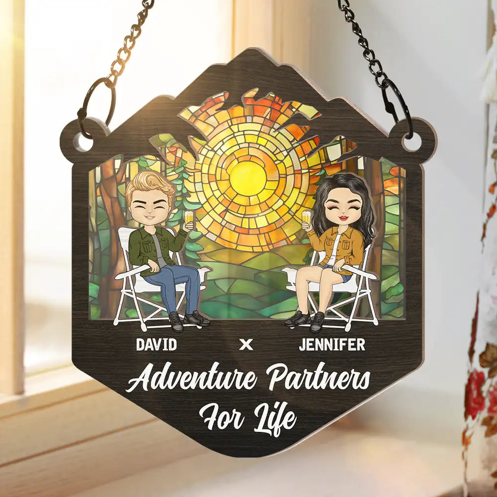 Custom 'Adventure Partners For Life' Suncatcher Ornament for Couples