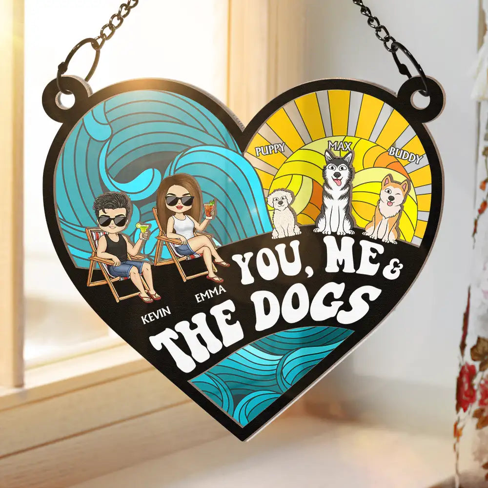 Personalized Beach Suncatcher: "You, Me & The Dogs" for Couples