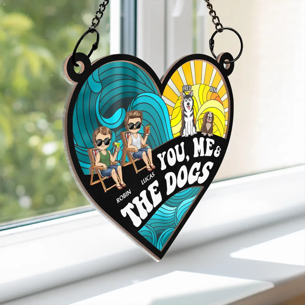 Personalized Beach Suncatcher: "You, Me & The Dogs" for Couples