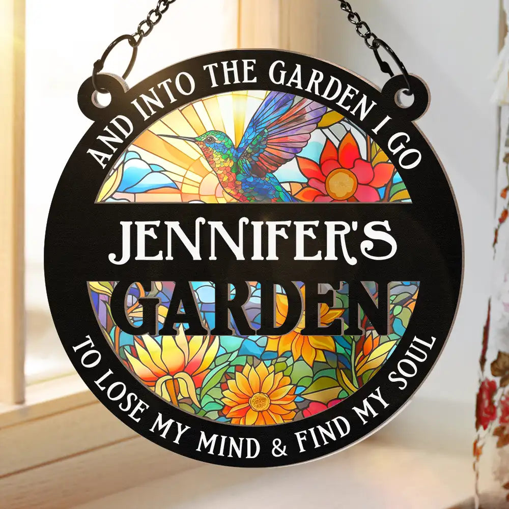 Personalized Hummingbird Suncatcher: 'Into The Garden I Go' Window Art
