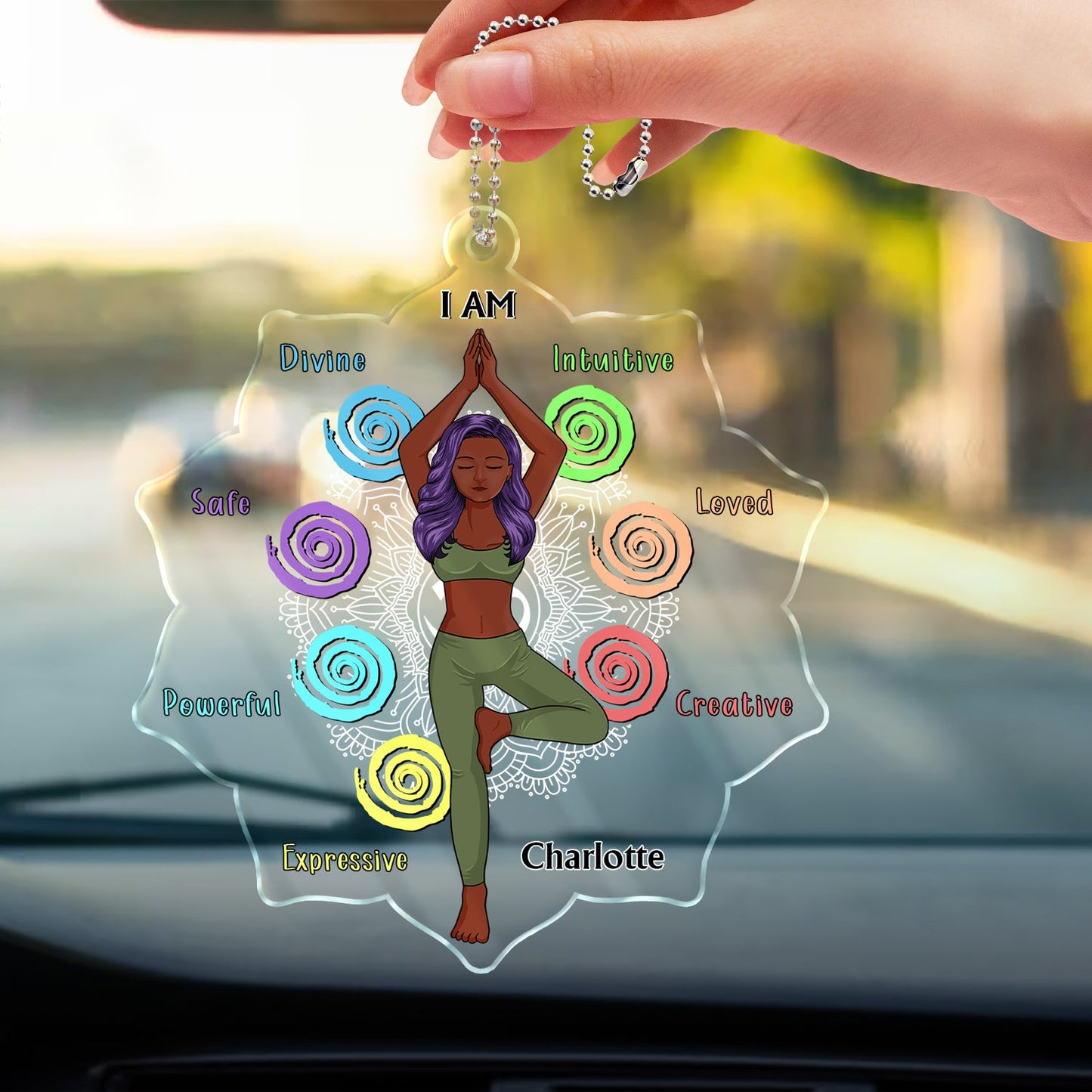 Personalized "I AM Divine Intuitive Loved" Yoga Affirmation Car Hanger Charm