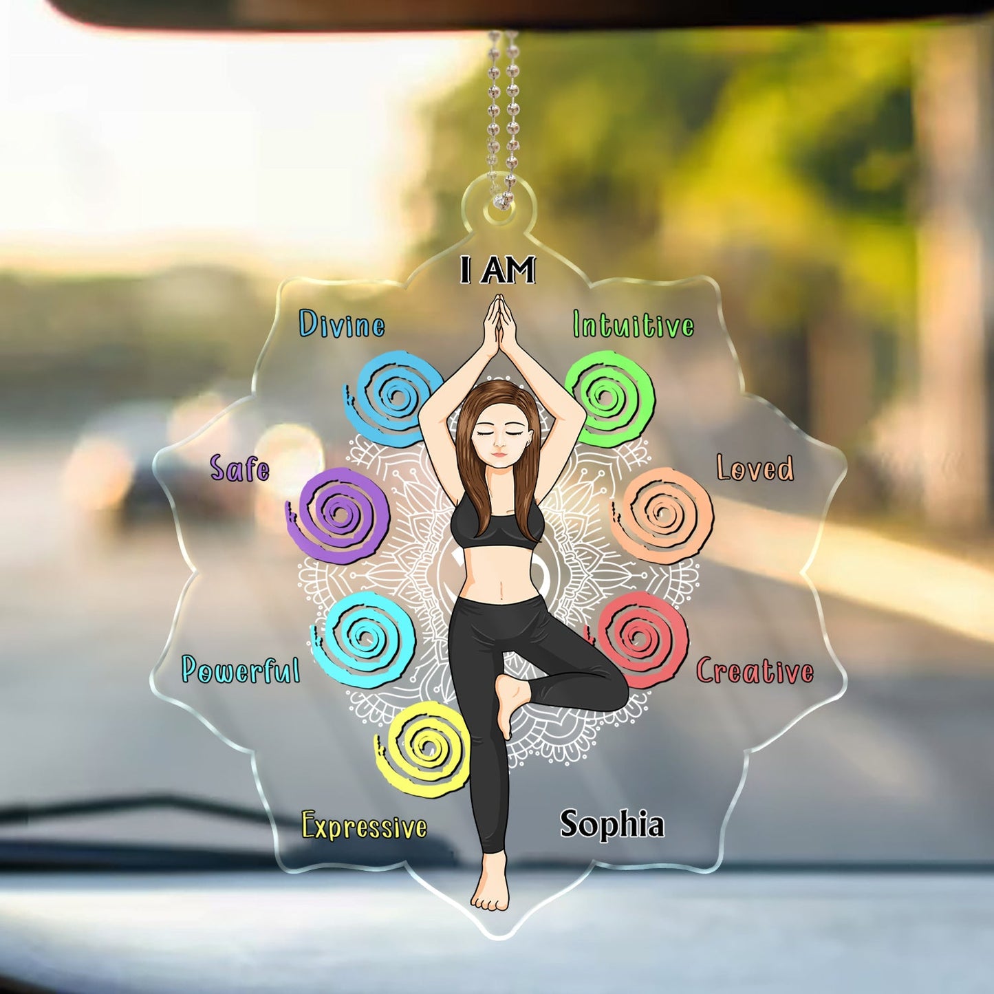 Personalized "I AM Divine Intuitive Loved" Yoga Affirmation Car Hanger Charm