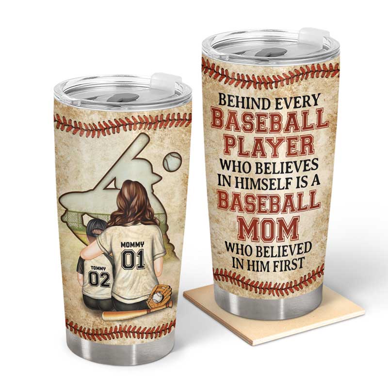 Baseball Mom Gift - Behind Every Great Player is a Proud Mom - Personalized Tumbler Cup