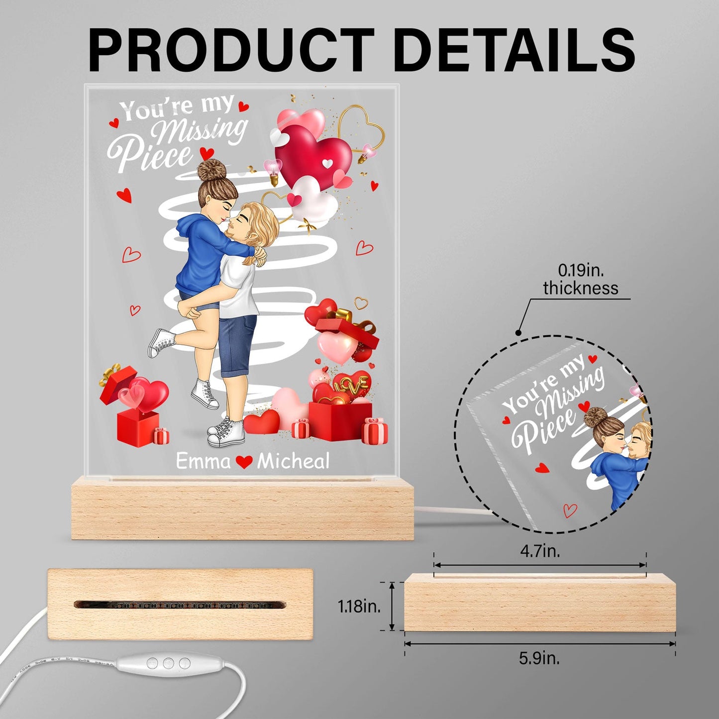 Personalized "You're My Missing Piece" 3D LED Light for Couples - Anniversary Gift
