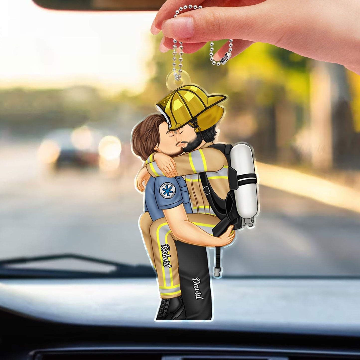 Personalized Kissing Firefighter Nurse Couple Car Hanger Gift