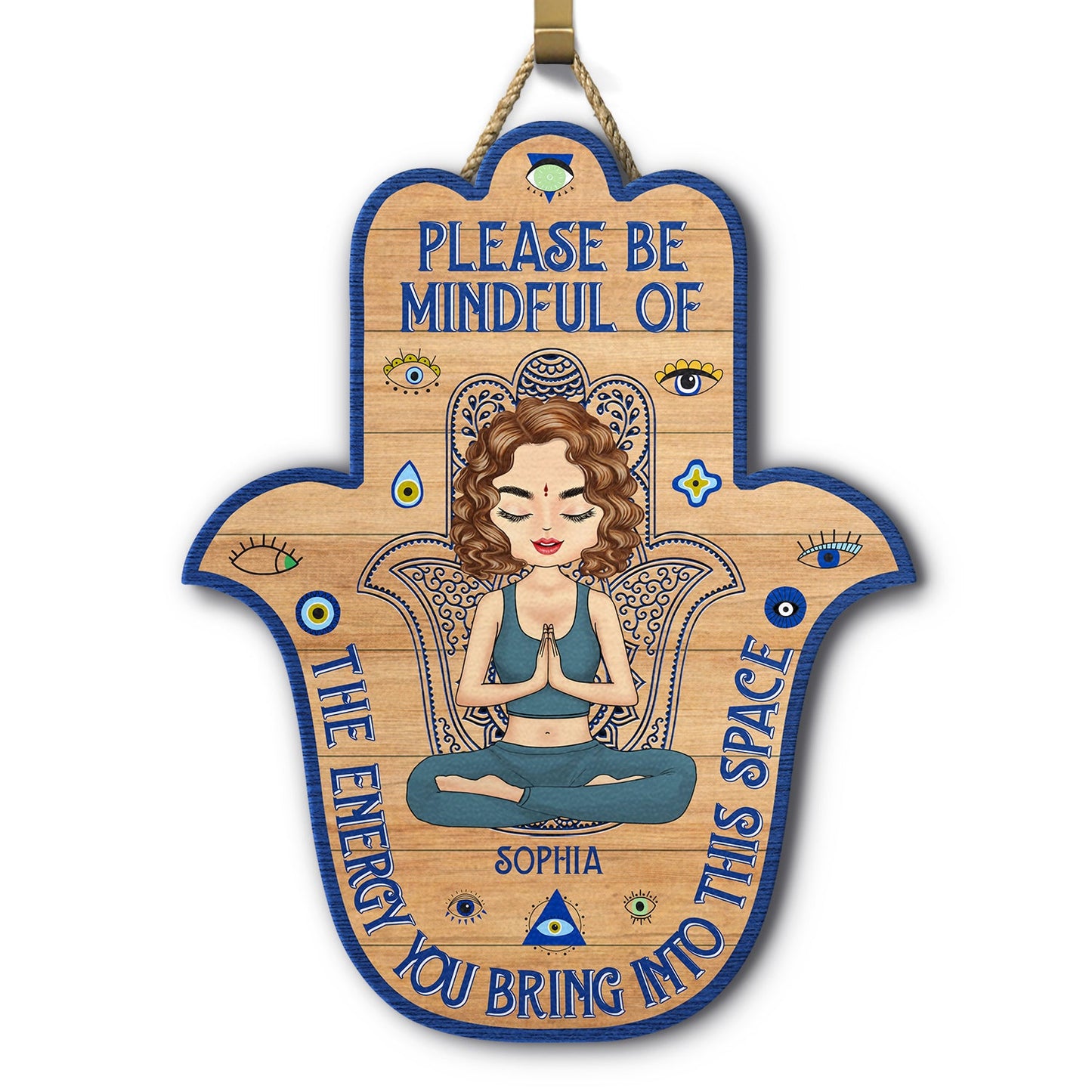 Personalized Hamsa Wood Sign: "Please Be Mindful Of The Energy You Bring"