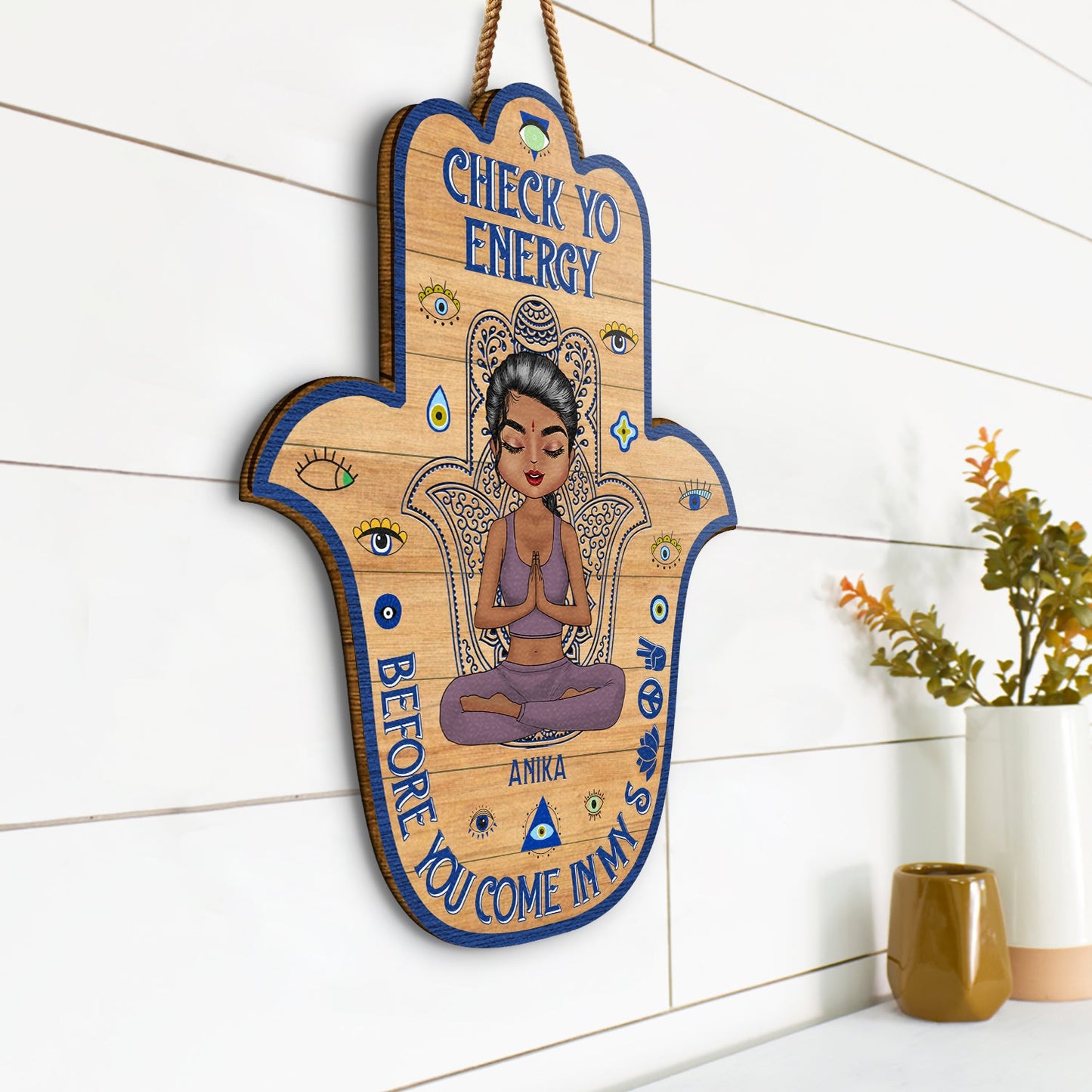 Personalized Hamsa Wood Sign: "Please Be Mindful Of The Energy You Bring"
