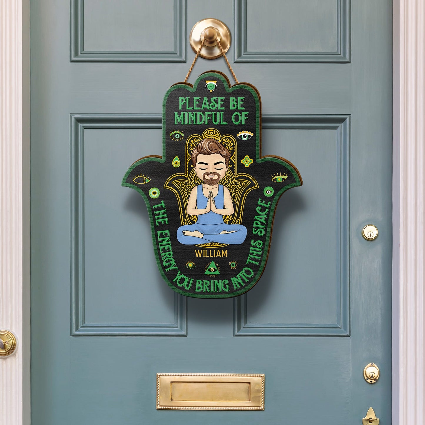 Personalized Hamsa Wood Sign: "Please Be Mindful Of The Energy You Bring"